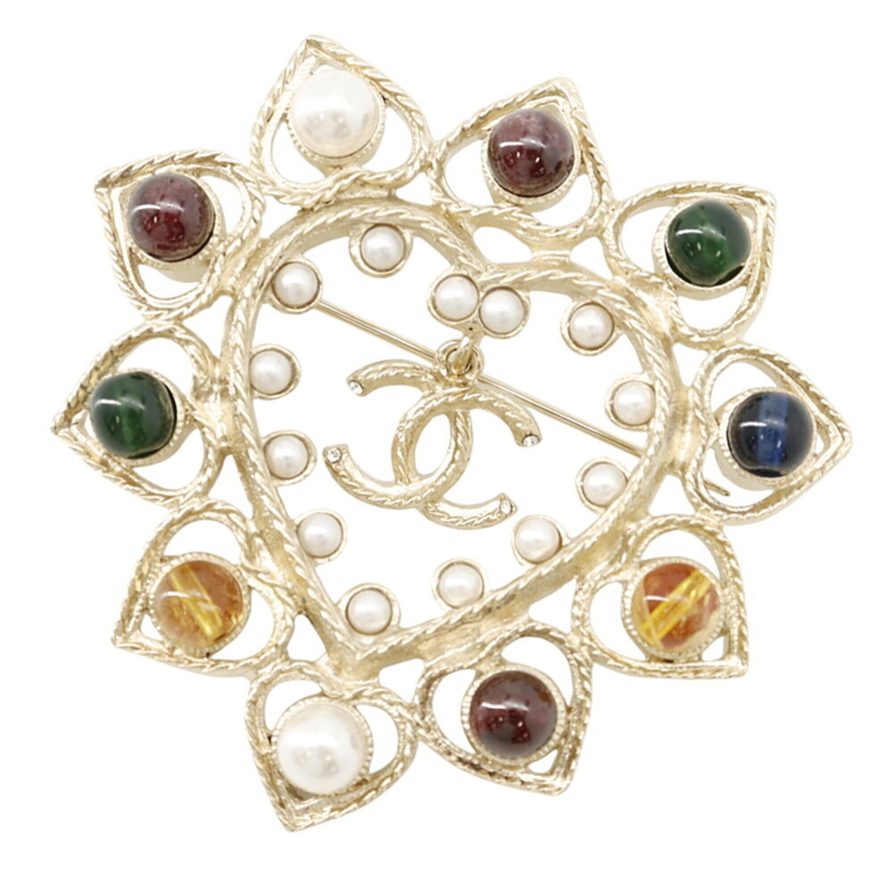 Chanel Brooch, Coco Mark, Heart Rhinestone, Faux Pearl, Colored Stone, Metal,...